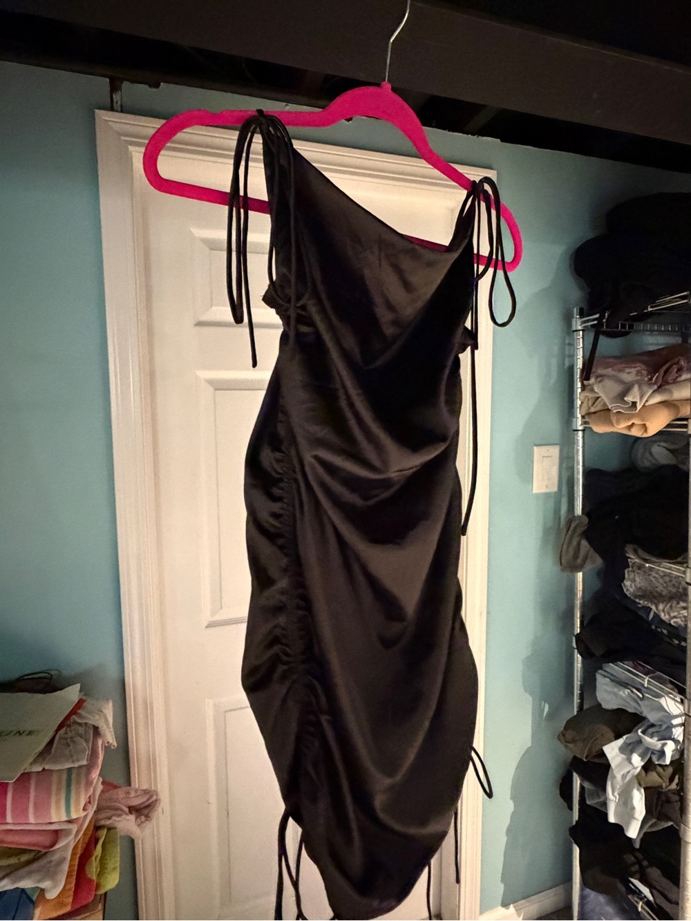 Black Satin One-Shoulder Ruched Mini Dress